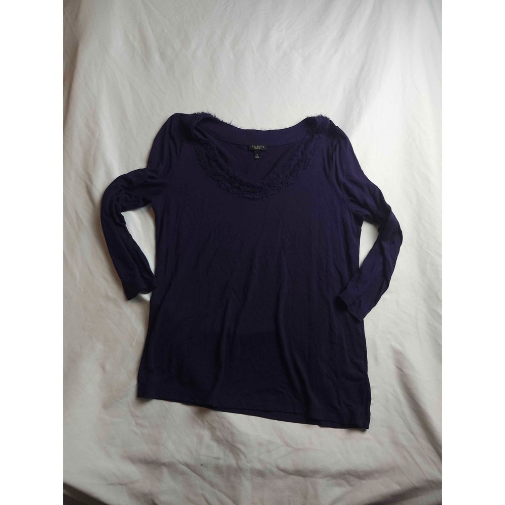 Talbots Blouse Top Womens Medium Purple Silk Blend Long Sleeve Scoop Neck Fringe